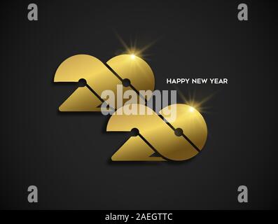 Frohes Neues Jahr 2020 Gold luxus Grußkarte Design. Moderne goldene Kalender Datum Anzahl Zeichen auf schwarzem Hintergrund. Stock Vektor