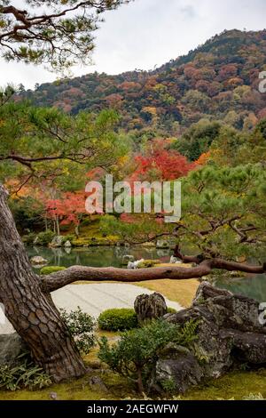 Blick auf den Garten und den See mit Herbstfarben, ursprünglich erstellt von Musō Soseki, der Tenryū-ji Zen-buddhistischen Tempel, Kyoto, Japan Stockfoto