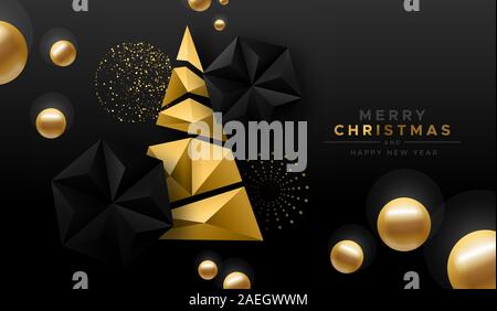 Frohe Weihnachten Frohes Neues Jahr luxus Grußkarte von Gold Low Poly Tanne mit eleganten 3d schwarz Dekoration. Moderne abstrakte Urlaub Design für Pa Stock Vektor