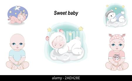 Baby Mädchen und junge Newborn Set niedlich, Aufkleber Sammlung. Bild in der Hand Zeichnung Cartoon Stil, für t-shirt fashion Print Design, Grußkarte, Stock Vektor