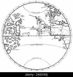 Gravur einer Karte von West Europa, Atlantik, Nord- und Südamerika im Jahr 1492 von Martin Behaim Stockfoto