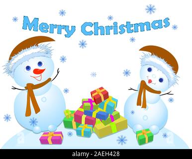 Zwei Schneemänner. Geschenktüte. Der Text Frohe Weihnachten. Schneeflocken. vektor Stock Vektor