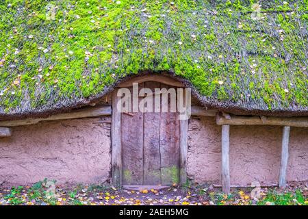 Geschlossene Tür in einer Lehmhütte mit grünem Moos auf das Strohdach Stockfoto