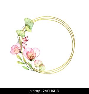 Transparente Rose golden Glitter runden Rahmen mit Platz für Text. Aquarell von Hand bemalt Abbildung. Kreisförmige Komposition mit Blumen und Blätter Stockfoto