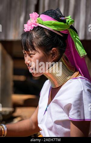 Portrait einer jungen Frau von Kayan Stammes, die traditionelle Outfit (und eine moderne Uhr) und Messing Halskette. Pan Pet, Loikaw, Myanmar. Stockfoto
