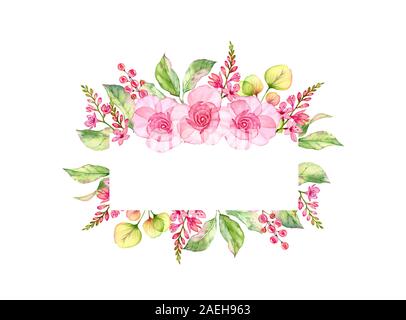 Aquarell Blumen Rahmen mit Rosen und wilden Blumen und Platz für Text. Botanical Hand gemalte Abbildung in Weiß für Schriftzug isoliert, Karte Stockfoto