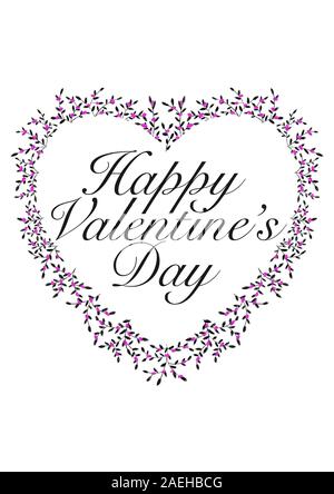 Happy Valentine's Day in Herzform Kranz auf einem weißen Hintergrund. Blumen Zweig. Handgemachte Karte. Stockfoto