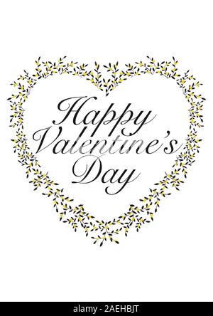 Happy Valentine's Day in Herzform Kranz auf einem weißen Hintergrund. Blumen Zweig. Handgemachte Karte. Stockfoto