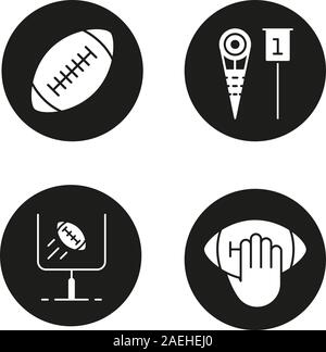 American football Symbole gesetzt. Hand, rugby ball, Ziel Zeichen, Nebenerwerb Marker. Vektor weisse Silhouetten Abbildungen in schwarzen Kreisen Stock Vektor