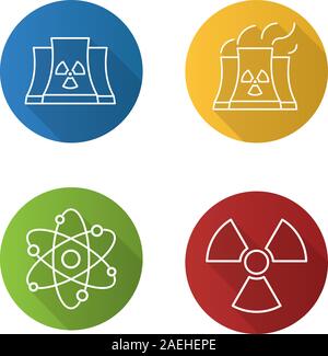 Atomenergie Flachbild lineare lange Schatten Symbole gesetzt. Kernkraftwerk mit Rauch, Strahlung und Atom Symbole. Vektor linie Abbildung Stock Vektor