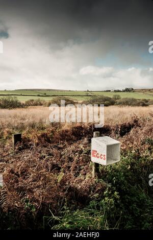 Eine Honesty Box auf einem Zaun für den Verkauf von Eiern auf Bodmin Moor in Cornwall. Stockfoto