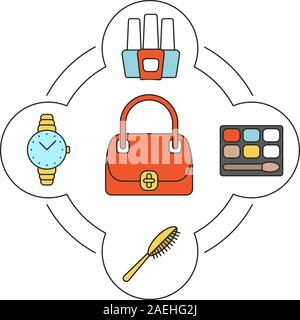 Handtasche Inhalt Farbe Frauen Symbole gesetzt. Beutel, Haarbürste, Lidschatten, Nagellack Flaschen, Armbanduhr. Isolierte Vektorgrafiken Stock Vektor