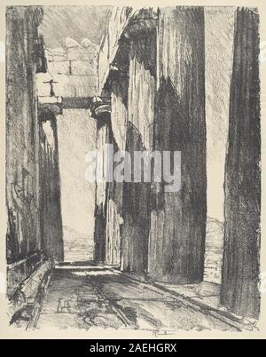 Ein Druck von Joseph Pennell aus dem Jahr 1913, der das Portico des Parthenon in Athen darstellt, mit klassischen Säulen, Giebel, erhöhter Position, architektonischen Details, umgebende Landschaft und Drucktechniken des frühen 20. Jahrhunderts. Stockfoto