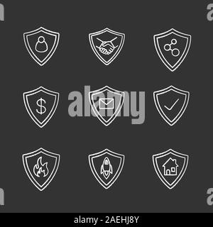 Schutzplatten chalk Symbole gesetzt. Sichere Schnäppchen, Feuerwehr Abzeichen, Geld, Immobilien, E-Mail, Sicherheit der Verbindung. Isolierte vektor Schiefertafel illus Stock Vektor
