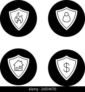 Schutzplatten Symbole gesetzt. Bankkonto, Immobilien, persönliche Sicherheit. Brennbare unterzeichnen. Vektor weisse Silhouetten Abbildungen in schwarzen Kreisen Stock Vektor