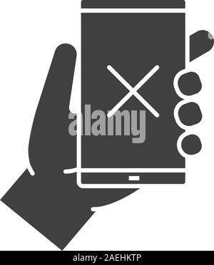 Hand smartphone Glyph icon. Silhouette Symbol. Smart Phone mit Kreuz. Negativer Platz. Vektor isoliert Abbildung Stock Vektor