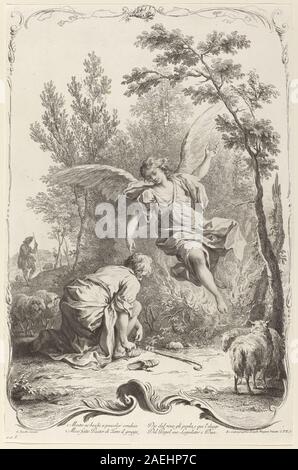 Ein von Joseph Wagner um 1745 nach Giuseppe Zocchi veröffentlichter Kupferstich mit dem Titel „Moses and the Burning Bush“, der Moses in einer biblischen Szene mit Flammen, Busch, Landschaft und religiösem Symbolismus darstellt und biblische Illustrationskonventionen des 18. Jahrhunderts illustriert. Stockfoto