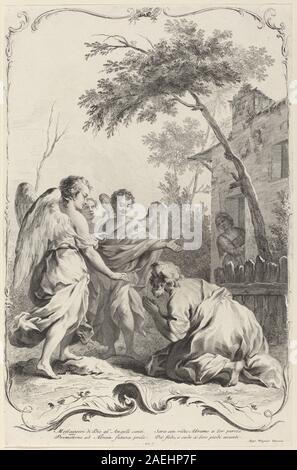 Ein von Joseph Wagner nach Jacopo Amigoni um 1745 veröffentlichter Kupferstich, der die biblische Szene Abrahams veranschaulicht, die vor drei Engeln kniete, und religiöse Ikonographie, menschliche Figuren und klassische Komposition hervorhebt. Stockfoto