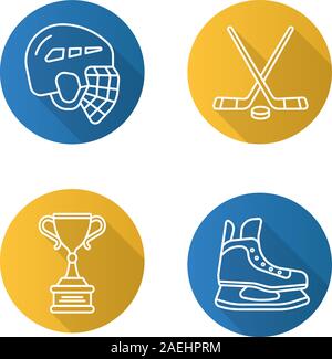Hockey Flachbild lineare lange Schatten Symbole gesetzt. Helm, Eislaufen, Stöcke, Auszeichnung der Sieger. Vektor linie Abbildung Stock Vektor