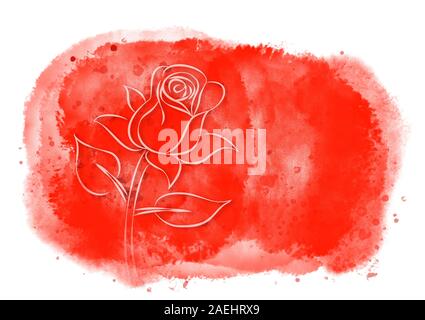Rose Zeichnung auf rot Aquarell gemalten Hintergrund splash für Liebe, Feiern oder Valentines Tag. Hand gezeichnet und vom Computer generierte Bild. Stockfoto