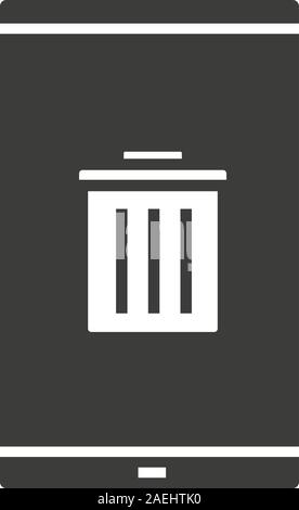 Smartphone Daten löschen Glyph icon. Silhouette Symbol. Smart Phone mit Müll. Negativer Platz. Vektor isoliert Abbildung Stock Vektor