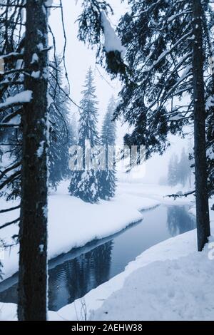 Verschneiten Wald und Fluss an einem kalten Wintertag Stockfoto