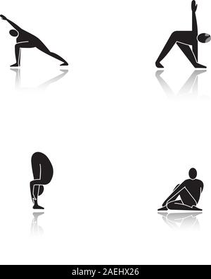Yoga Asanas Schatten schwarze Symbole gesetzt. Utthita parsvakonasana, trikonasana, uttanasana, Ardha Matsyendrasana Yoga Positionen. Isolierte Vektor illustr Stock Vektor