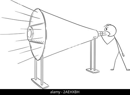 Vektor cartoon Strichmännchen Zeichnen konzeptionelle Darstellung der Mann oder Geschäftsmann, schreien oder schreien in große oder sehr große Lautsprecher oder Megaphon. Führung oder marketing Konzept. Stock Vektor