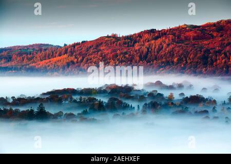 Tal-Nebel über Lake Windermere von Todd Crag im Lake District, Großbritannien im Morgengrauen, mit Blick auf Coniston Old man. Stockfoto