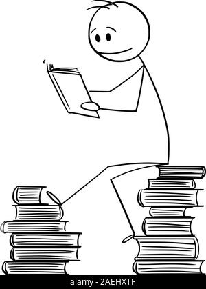 Vektor cartoon Strichmännchen Zeichnen konzeptionelle Darstellung der Mann sitzt auf Stapel Bücher und lesen ein Buch. Stock Vektor