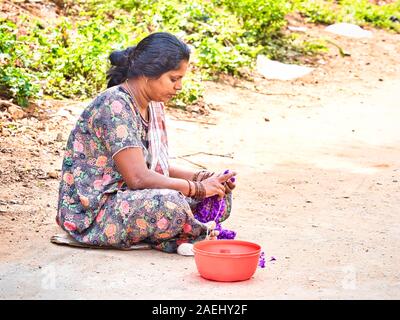 PUDUCHERRY, Indien - Dezember Circa, 2018. - Unidentifizierter Dalit Frau, die Blumen in der Straße des Dorfes, in der Nähe von Ihrem Haus, im Sommer Frühling Stockfoto