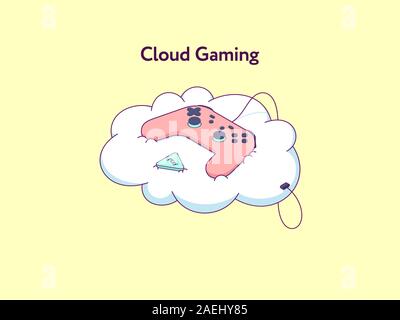 Cloud Gaming Plattform, mit Spielen von Gamepad in Videospielen über TV, Desktop, Laptop, Tablet-PC und Telefon. Online Gaming Service on demand, Stock Vektor