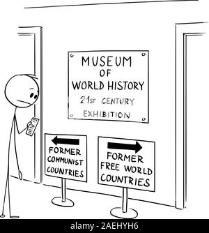 Vektor cartoon Strichmännchen Zeichnen konzeptionelle Darstellung des Menschen im Museum bei mehrdeutigen Text suchen auf Hinweisschild auf den Verlust der Freiheit und der Freiheit in den westlichen Ländern, auch als freie Welt bekannt. Stock Vektor