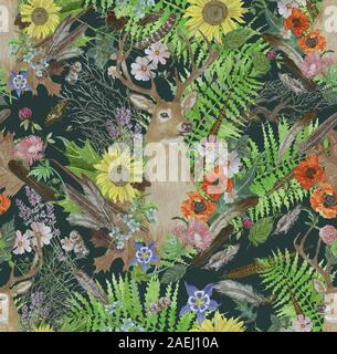 Nahtlose Hand gezeichnet Vintage Style aquarell Muster mit Hirschkopf, Blumen, Federn, Blätter Stockfoto