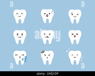 Zähne emoji Icon Set. Gerissene, gebrochene Gesunde weisse cute Cartoon kawaii Zahn Zeichen mit verschiedenen Gesichtsausdrücke. Mündliche zahnmedizinische Hygiene emoti Stock Vektor