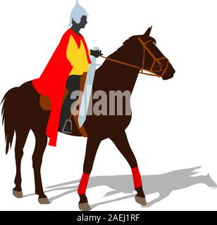 Reiter auf einem Pferd in der Kleidung Krieger mit Schwert und Helm. Vektor Silhouette Stock Vektor