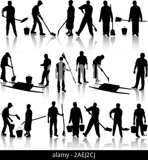 Satz von schwarzen Silhouetten von Männern und Frauen mit Schaufeln und Eimern. Vektor-Illustration. Stock Vektor