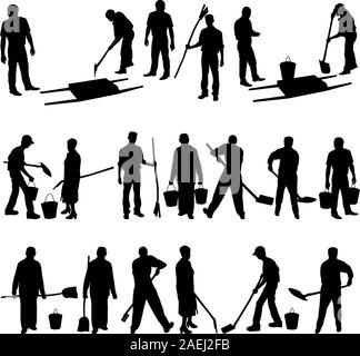 Satz von schwarzen Silhouetten von Männern und Frauen mit Schaufeln und Eimern. Vektor-Illustration. Stock Vektor