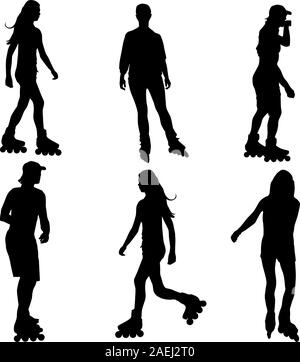 Silhouetten von Menschen Rollerskating. Vektor-Illustration. Stock Vektor