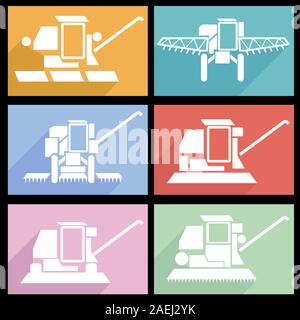 Sammlung Flachbild-Symbole mit langen Schatten. Landwirtschaftliche Fahrzeuge Ernte Symbole kombinieren. Vector Illustration. Stock Vektor