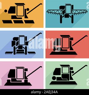 Sammlung Flachbild-Symbole mit langen Schatten. Landwirtschaftliche Fahrzeuge Ernte Symbole kombinieren. Vector Illustration. Stock Vektor