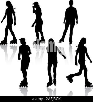 Silhouetten von Menschen Rollerskating. Vektor-Illustration. Stock Vektor