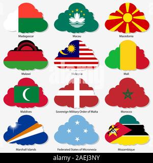 Satz Flaggen der Welt souveräner Staaten in Form Wolken. Vector Illustration. Satz Nummer 10. Exakte Farben. Einfache Änderungen. Stock Vektor