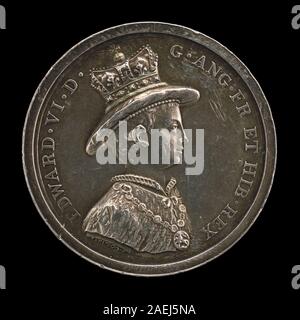 Vorderseite einer Medaille von Lewis Pingo mit Edward VI., König von England, 1547, entworfen um 1780-1790 und verliehen 1846, mit graviertem Porträt, Inschriften und symbolischen Details. Stockfoto