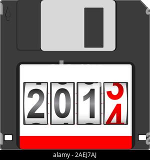 Alten floppy-disk für Computer-Datenspeicher mit Neujahr 2014 isoliert Widerspruch auf weißem Hintergrund. Vektor-Illustration. Stock Vektor