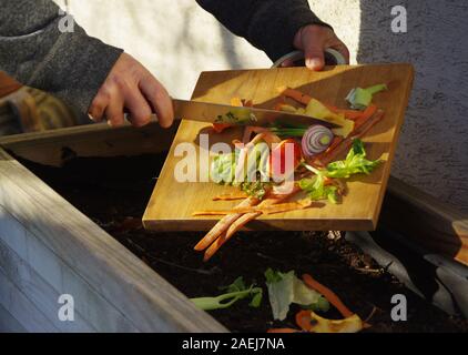 Ökologie Kompost versorgen - Küche das Recycling von Abfällen im Hinterhof Komposter. Der Mann wirft übrig gebliebene Gemüse aus dem Schneidebrett. Ökologisch fri Stockfoto