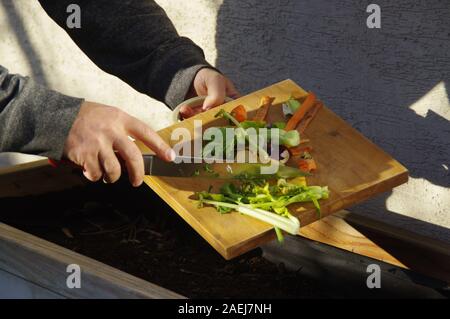 Ökologie Kompost versorgen - Küche das Recycling von Abfällen im Hinterhof Komposter. Der Mann wirft übrig gebliebene Gemüse aus dem Schneidebrett. Ökologisch fri Stockfoto