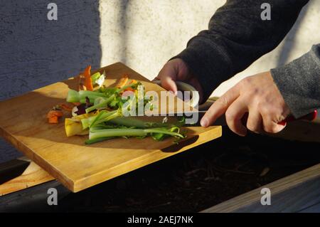 Ökologie Kompost versorgen - Küche das Recycling von Abfällen im Hinterhof Komposter. Der Mann wirft übrig gebliebene Gemüse aus dem Schneidebrett. Ökologisch fri Stockfoto