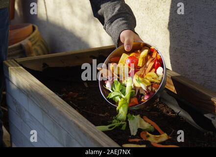 Ökologie Kompost versorgen - Küche das Recycling von Abfällen im Hinterhof Komposter. Umweltfreundlichen Lebensstil. Der Mann wirft übrig gebliebene Gemüse aus. Stockfoto