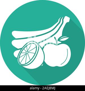 Obst flache Bauweise lange Schatten glyph Icon. Bananen Bundle, Zitrone und Apfel. Immer noch leben. Vektor silhouette Abbildung Stock Vektor